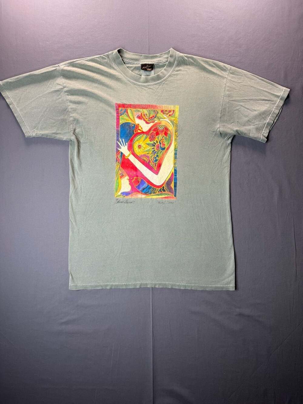Laurel Burch Heart Song Art T-Shirt Size L Green Cotton Graphic Tee